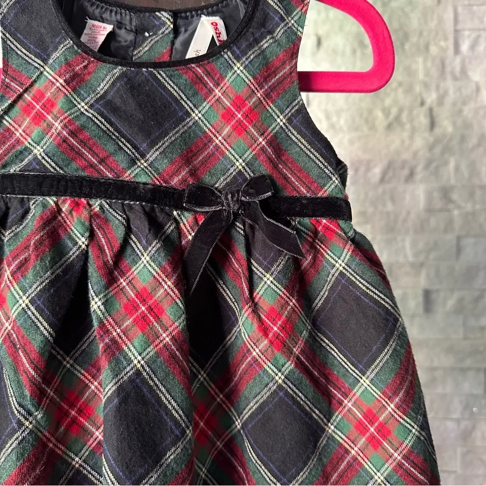 OSHKOSH Christmas Holiday Red Black Plaid Jumper Dress with Velvet Bow
